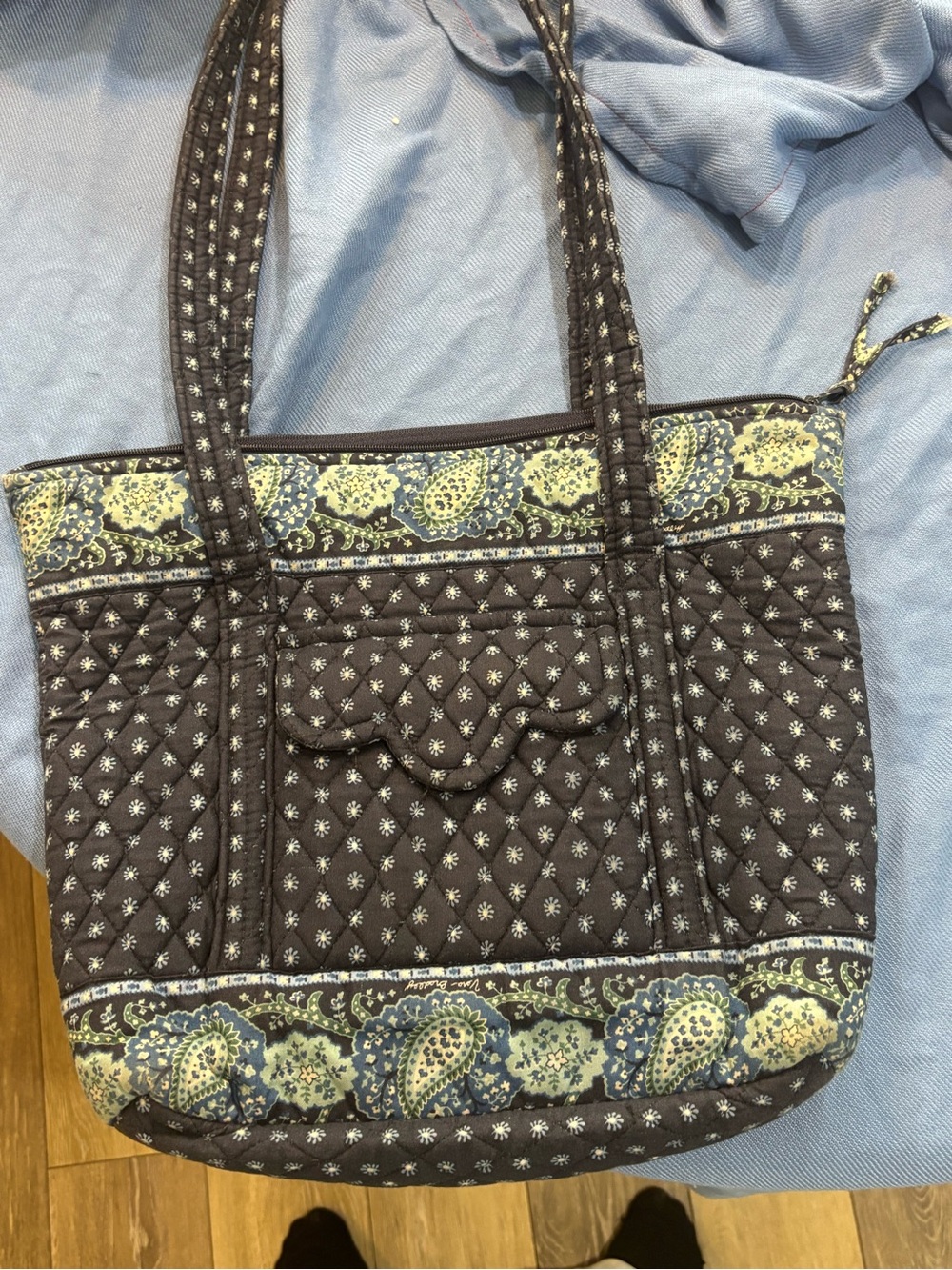 Vera Bradley Quilted Floral-Trim zippered Tote Bag Purse in Dark Blue